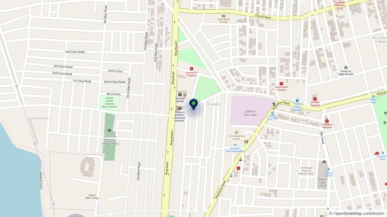 Map showing SAMBHAJI TECHNOLOGIES LLP on Indoor Stadium Road, Davanagere